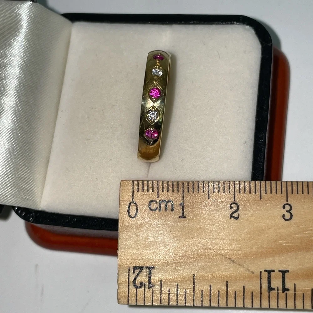Antique ERNST Solid 14K Yellow Gold Synthetic Ruby Faux Diamond Unisex Band Ring
